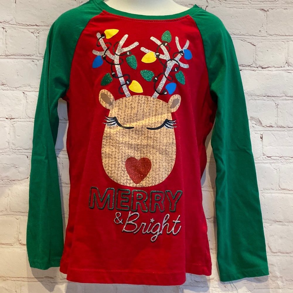 Holiday Time Merry & Bright Green/Red Reindeer Lights Raglan Tee
